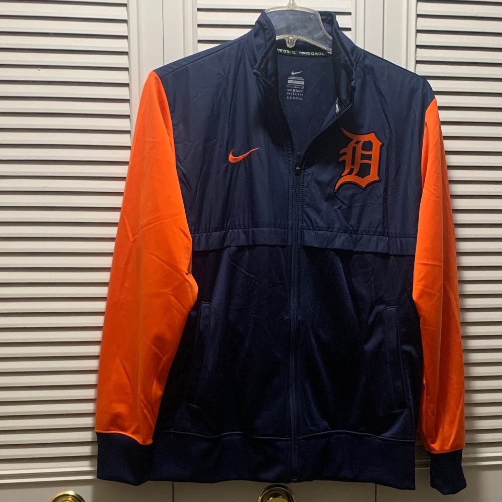 Nike Men's Blue and Orange Varsity Jacket with two pockets inside